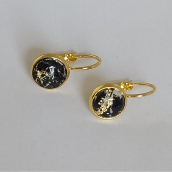 Elegant Hand Crafted Boho Black Gold Gemstone Marble Circle Drop Dangle Earrings - Picture 11 of 15